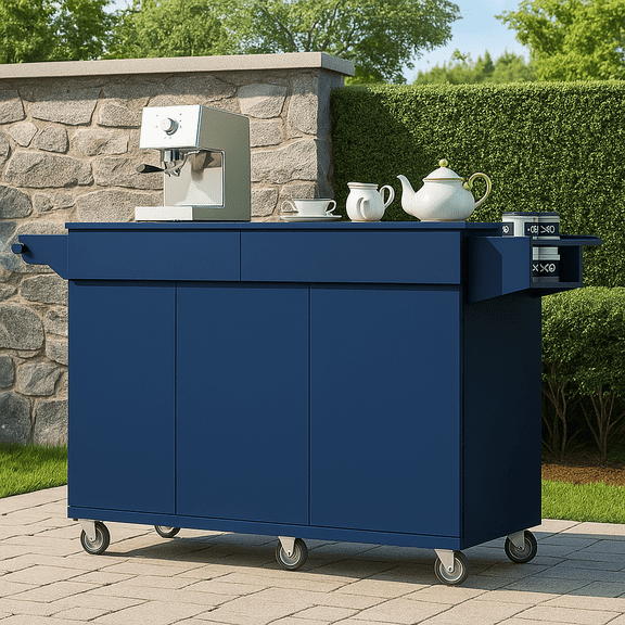 K&K 53.2'' Kitchen Island with Drop Leaf, Kitchen Storage Cart with Spice Rack, Towel Rack and 2 Drawers, Rolling Kitchen Island on Wheels with Adjustable Shelves for Kitchen, Dining Room, Navy Blue