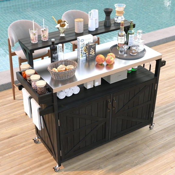 K&K 53.3" Outdoor Kitchen Island with Raised Shelf, Solid Wood Storage Cabinet with Stainless Steel Top, Outdoor Rolling Grill Cart with Internal Storage Rack, Adjustable Shelf, Spice Rack, Black