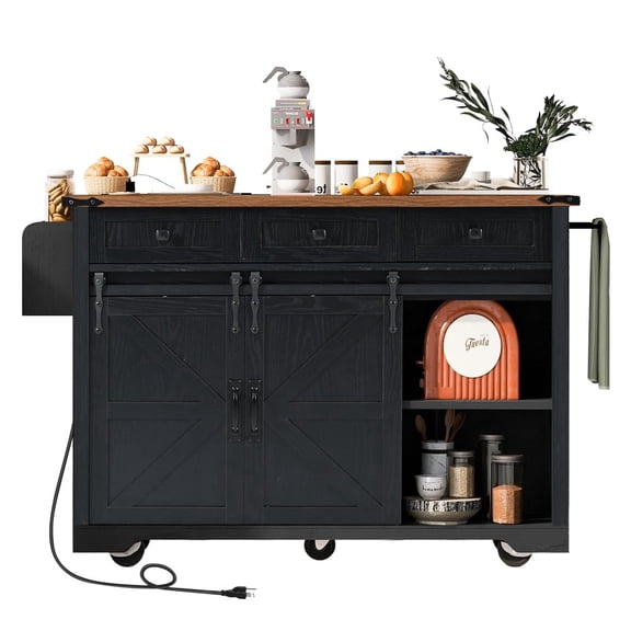 K&K 53.7" Black Farmhouse Kitchen Island with Power Outlet | Sliding Barn Door Storage Cart with Drop Leaf, Spice Rack, Rolling on Wheels for Kitchen & Dining