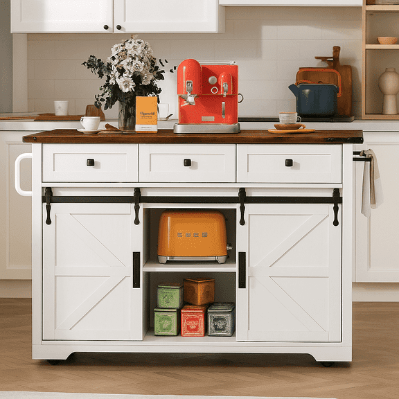 K&K 53.7" Farmhouse Kitchen Island with Power Outlet, 2 Sliding Barn Door Kitchen Storage Island with Drop Leaf, Spice Rack Rolling Kitchen Cart on Wheels, for Home, Kitchen and Dining Room, White