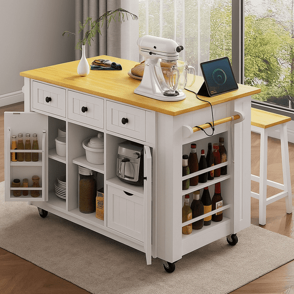 K&K 53inch Large Kitchen Island with Drop Leaf, Power Outlet, Door Internal Storage Rack, Rolling Kitchen Cart on 5 Wheels with 5 Open Side Racks for Kitchen, Dining Room,White(