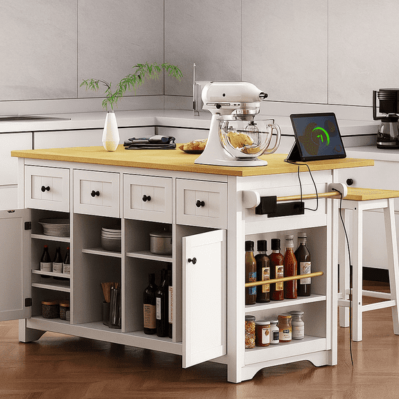 K&K 53inch Large Kitchen Island with Drop Leaf, Power Outlet, Door Internal Storage Rack, Rolling Kitchen Cart on 5 Wheels with 5 Open Side Racks for Kitchen, Dining Room,White