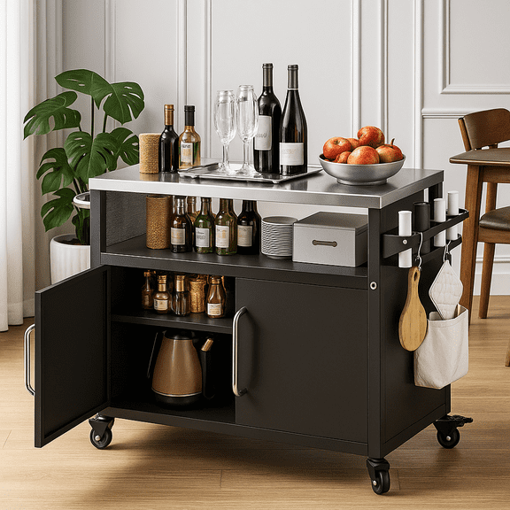 K&K 54.5" Outdoor Kitchen Island with Stainless Steel Tabletop, Metal Grill Cart Table with Storage Cabinet, Spice Rack and Towel Rack, Outdoor Bar Cart with 4 Lockable Wheels for Outside BBQ