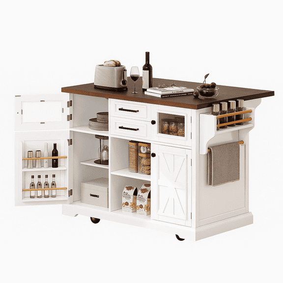 K&K 54.9" Kitchen Island with Drop Leaf, Power Outlet, Kitchen Storage Cart with 4 Door Shelves, Cross Barn Doors & Visual Glass Door, Rolling Kitchen Island on 4 Wheels for Kitchen, Dining Room