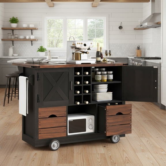 K&K 54" Farmhouse Kitchen Island with Drop Leaf, Power Outlet, Kitchen Storage Cart with 2 Doors, 2 Drawers, Rolling Kitchen Island on 4 Large Wheels with Spice Rack for Kitchen, Dining Room, White