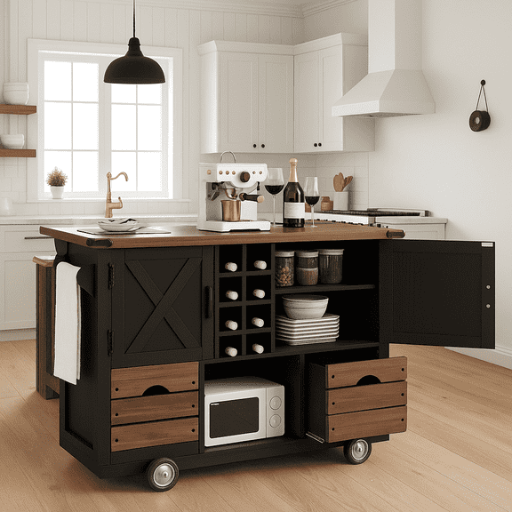 K&K 54" Farmhouse Kitchen Island with Drop Leaf, Power Outlet, Kitchen Storage Cart with 2 Doors, 2 Drawers, Rolling Kitchen Island on 4 Large Wheels with Spice Rack for Kitchen, Dining Room, Black