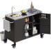 K&K 55.5" Outdoor Kitchen Island with Sink, Metal Grill Cart Table with 304 Stainless Steel Sink, Outdoor Bar Cart Sink Station with 4 Lockable Wheels for Pizza Prep & BBQ, L 55.5" x W 20" H 36.7"