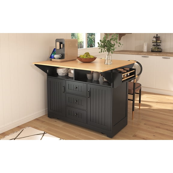K&K 55.7 Inch Black Rolling Kitchen Island Cart with Dual Drop Leaf, Built-in Power Outlet, 3 Drawers & 2 Barn Doors, Lockable Casters for Kitchen Dining Room