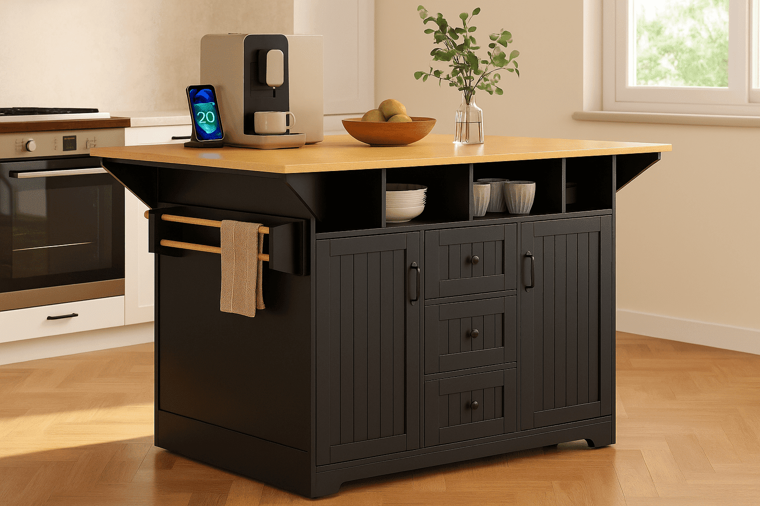 K&K 55.7'' Large Kitchen Island with 2 Drop Leaf,, Rolling Kitchen Cart on 5 Wheels with Power Outlet, Folding Storage Dining Table with Spice & Towel Rack , 3 Drawers, for Kitchen,