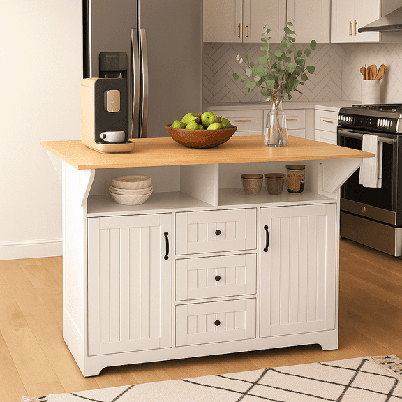 K&K 55.7'' Large Kitchen Island with 2 Drop Leaf,, Rolling Kitchen Cart on 5 Wheels with Power Outlet, Folding Storage Dining Table with Spice & Towel Rack , 3 Drawers, for Kitchen, Dining Room,White