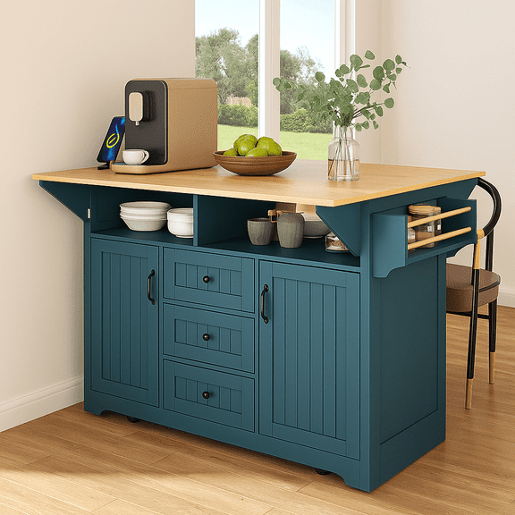 K&K 55.7'' Large Kitchen Island with 2 Drop Leaf,, Rolling Kitchen Cart on 5 Wheels with Power Outlet, Folding Storage Dining Table with Spice & Towel Rack , 3 Drawers, for Kitchen, Dining Room,Green