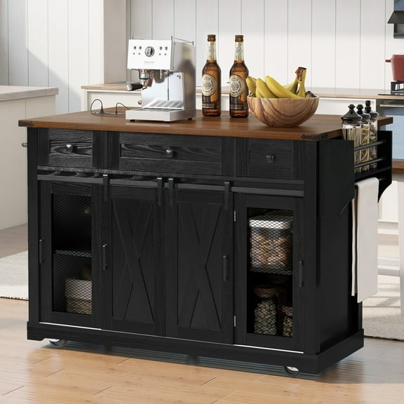 K&K 58" Farmhouse Kitchen Island with Storage, Sliding Barn Door & Metal Grid Side Door, Rolling Kitchen Island on 5 Wheels with Spice Rack, Glass Hol - Storage Cabinet