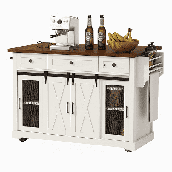 K&K 58" Farmhouse Kitchen Island with Storage, Sliding Barn Door & Metal Grid Side Door, Rolling Kitchen Island on 5 Wheels with Spice Rack, Glass Holders,Island Table with Drop Leaf for Kitchen