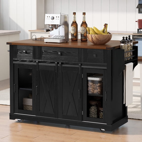 K&K 58" Farmhouse Rolling Kitchen Island - Black