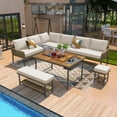 thumbnail image 1 of K&K 6-Piece Rope Patio Furniture L-Shaped Set, Outdoor Sectional Sofa Set with Acacia Wood Table with Ice Box, Rope Benches, Rope Conversation Set with Deep Seating & Thick Cushion for Couch,Beige, 1 of 9