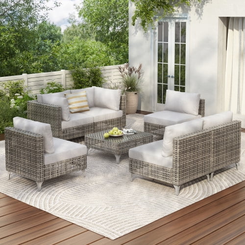 K&K 7-Piece Wicker Patio Furniture Set, Outdoor Conversation Set Sectional Sofa with Water Resistant Grey Thick Cushions and Coffee Table for Outdoor Couch, Porch, Backyard - Grey