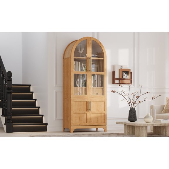 K&K 71" Tall Arched Kitchen Pantry Cabinet with Door Shelves, Farmhouse Kitchen Storage Cabinet with Open & Adjustable Shelves, Hidden Drawer & Glass Door, Cupboard for Kitchen, Dining Room