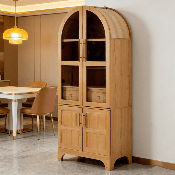 K&K 71" Tall Arched Kitchen Pantry Cabinet with Door Shelves - Farmhouse Kitchen Storage Cabinet with Open & Adjustable Shelves, Hidden Drawer & Glass Door, Cupboard for Kitchen, Dining Room