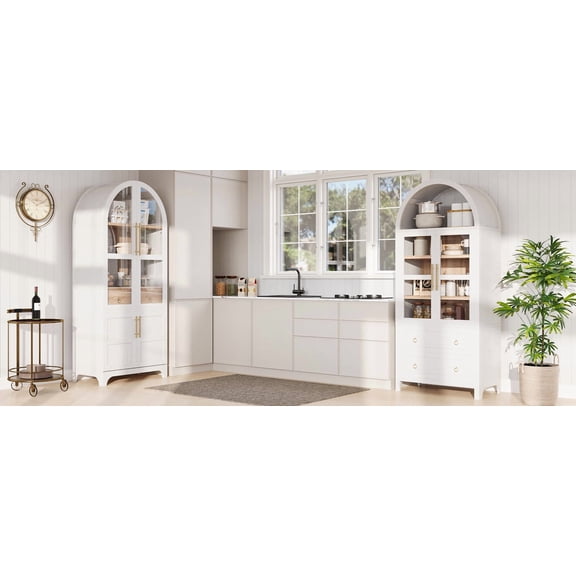 K&K 71" Tall Arched Kitchen Pantry Cabinet with Door Shelves, Farmhouse Kitchen Storage Cabinet with Open & Adjustable Shelves, Hidden Drawer & Glass