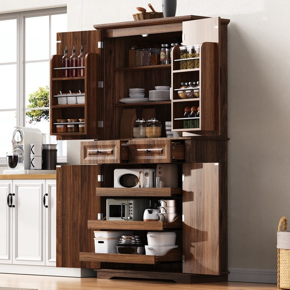 FunMay Brown 4 Doors 2 Drawers Wooden Kitchen Pantry Cabinet with 1 Shelf