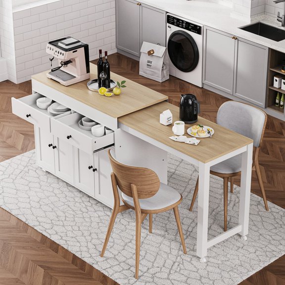 K&K 74.5 inch Kitchen Island with Extendable Dining Table , Rolling Kitchen Island on Wheels with Spice Rack and 2 Drawers, 4 Door Cabinet, for Kitchen, Dining Room, White (One Package)
