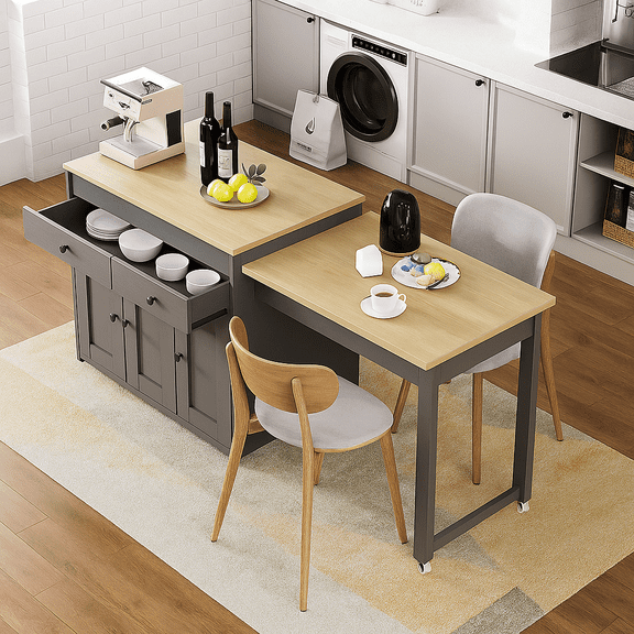 K&K 74.5 inch Kitchen Island with Extendable Dining Table , Rolling Kitchen Island on Wheels with Spice Rack and 2 Drawers, Kitchen Storage Cart with 4 Door Cabinet, for Kitchen, Dining Room,