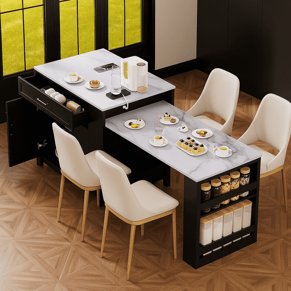 K&K 82.7 inch Kitchen Island with Extendable Dining Table for 4-6 Person,Faux Mable Kitchen Table with Double-sized Storage,Power Outlet,Kitchen island with Storage 2 Drawers 2 Side Open Shelves