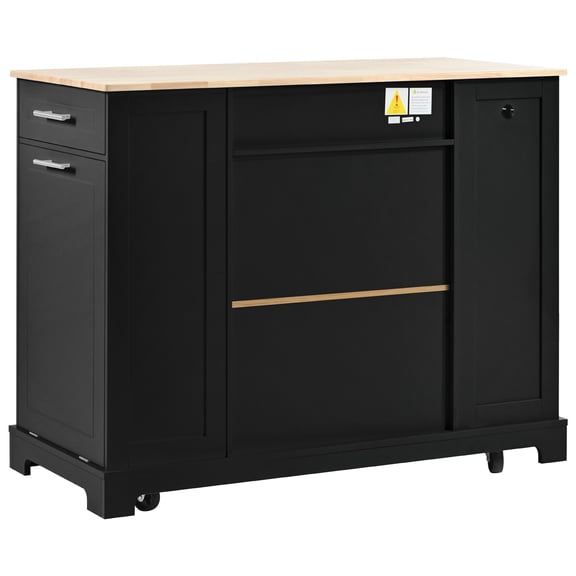 K&K Black Fluted Kitchen Island Cart with Tilt-Out Trash Cabinet & Power Outlet, 47.2" Rubberwood Top, 3 Drawers, 3 Shelves, 5 Wheels for Kitchen, Dining, Prep
