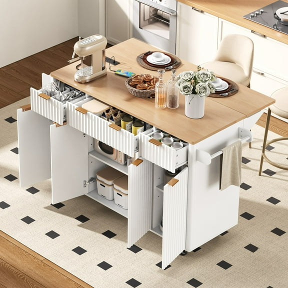 K&K Fluted Kitchen Island with Storage, 55.5" Kitchen Island with Drop Leaf, Power Outlet, 4 Doors and 3 Drawers, Rolling Island Table with Wood-grain Top, Curved Edge for Kitchen,Dining R