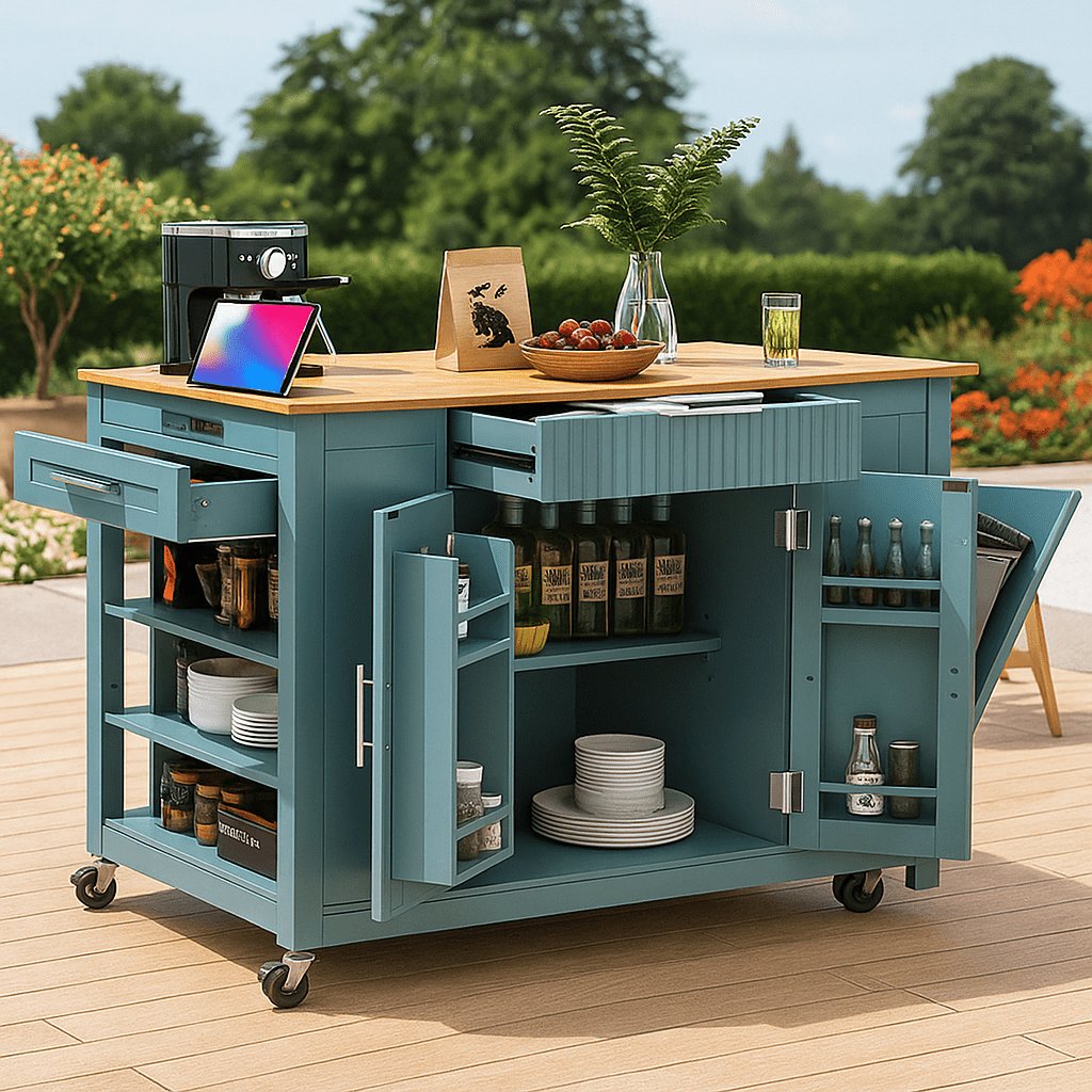 Garbage Kitchen Rack K&K Fluted Kitchen Island with Trash Can Storage Cabinet, Power Outlet ...