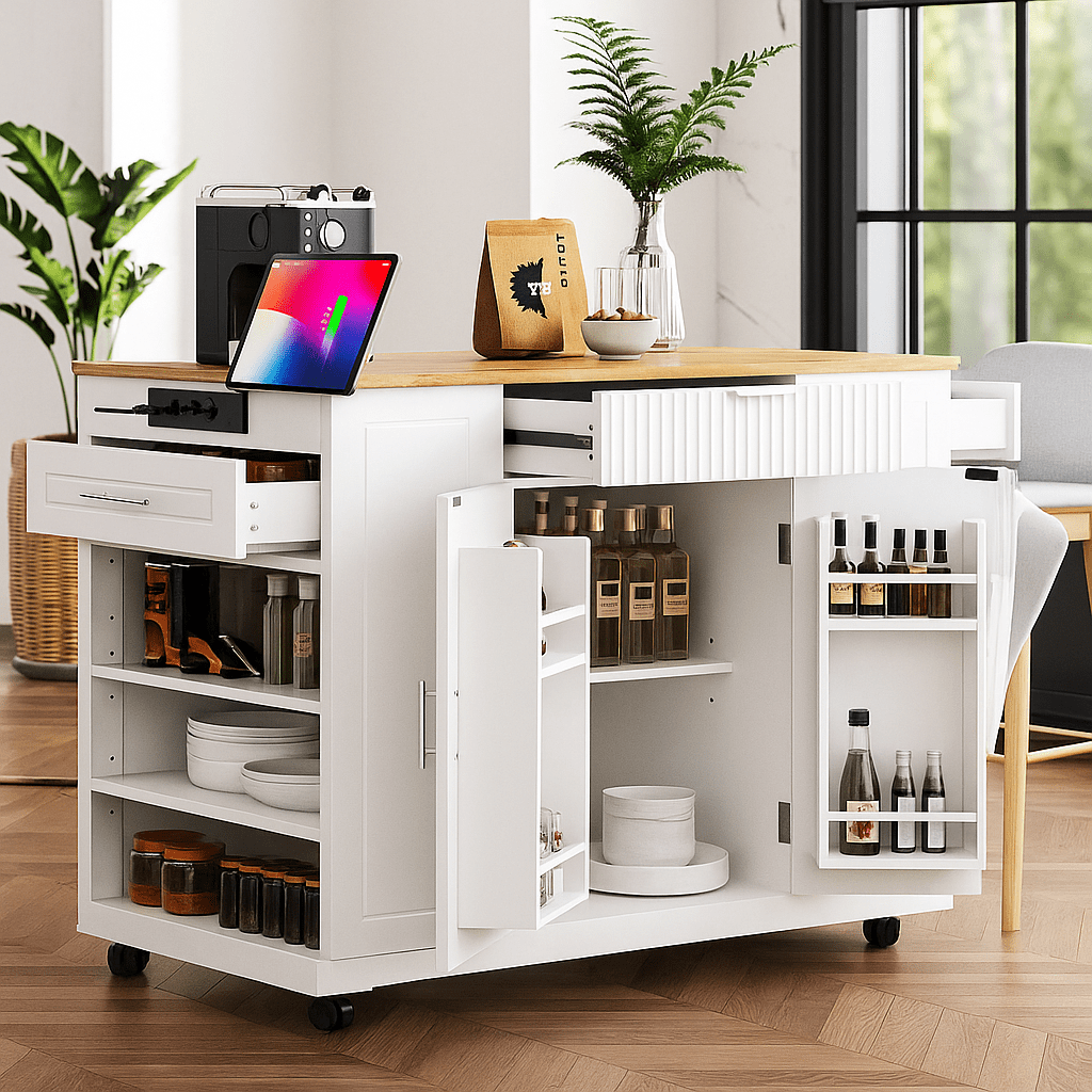 Garbage Kitchen Rack K&K Fluted Kitchen Island with Trash Can Storage Cabinet, Power Outlet ...