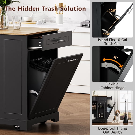 K&K Fluted Kitchen Island with Trash Can Storage Cabinet, Power Outlet, Internal Storage Rack, Rolling Kitchen Islands on 5 Wheels with 3 Drawer, 3 Open Side Racks for 10 Gallon Garbage Bin, Black