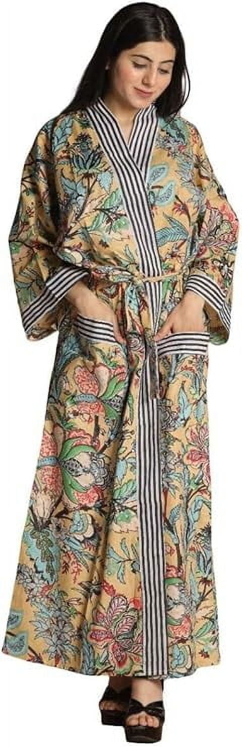 K.K. HANDICRAFT Cotton Kimono Robes for Women's, Light Bathrobe for Women, Dressing Gown Kimono Robe, Long Kimono Robe