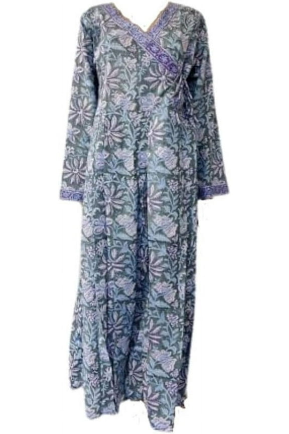 Cotton Maternity Gown Patchwork Night Top Block Print Dress Kaftan Long Kimono Robe Ethnic Kimono Maxi