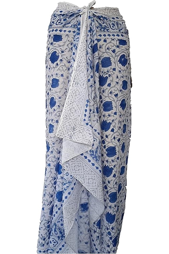 Cotton Sarong Indian Bohemian Floral Print Dress for Women Hand Block Print Summer Bikini Beach Cover Up Handmade Soft Night Sexy Wear Boho Sarong Blue One Size