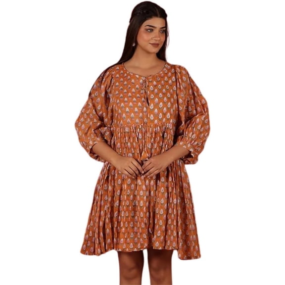 K.K. HANDICRAFT Floral Print Midi Dress with Puff Sleeves