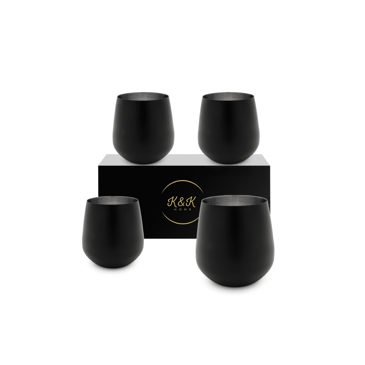 K&K Home Black Matte Stainless Steel Unbreakable Black Stemless Wine Glasses - 15 oz - Set of 4 Colored, Stemless Metal Wine Glasses Perfect for Outdoors, Weddings, and Parties