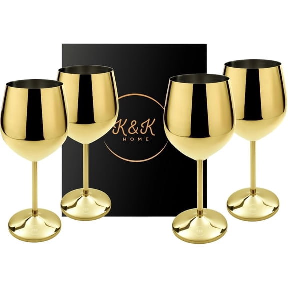 K&K Home Gold Stainless Steel Unbreakable Wine Glasses - 18 oz - Set of 4 Colored, Stemmed Metal Wine Glasses Perfect for Outdoors, Weddings, and Parties