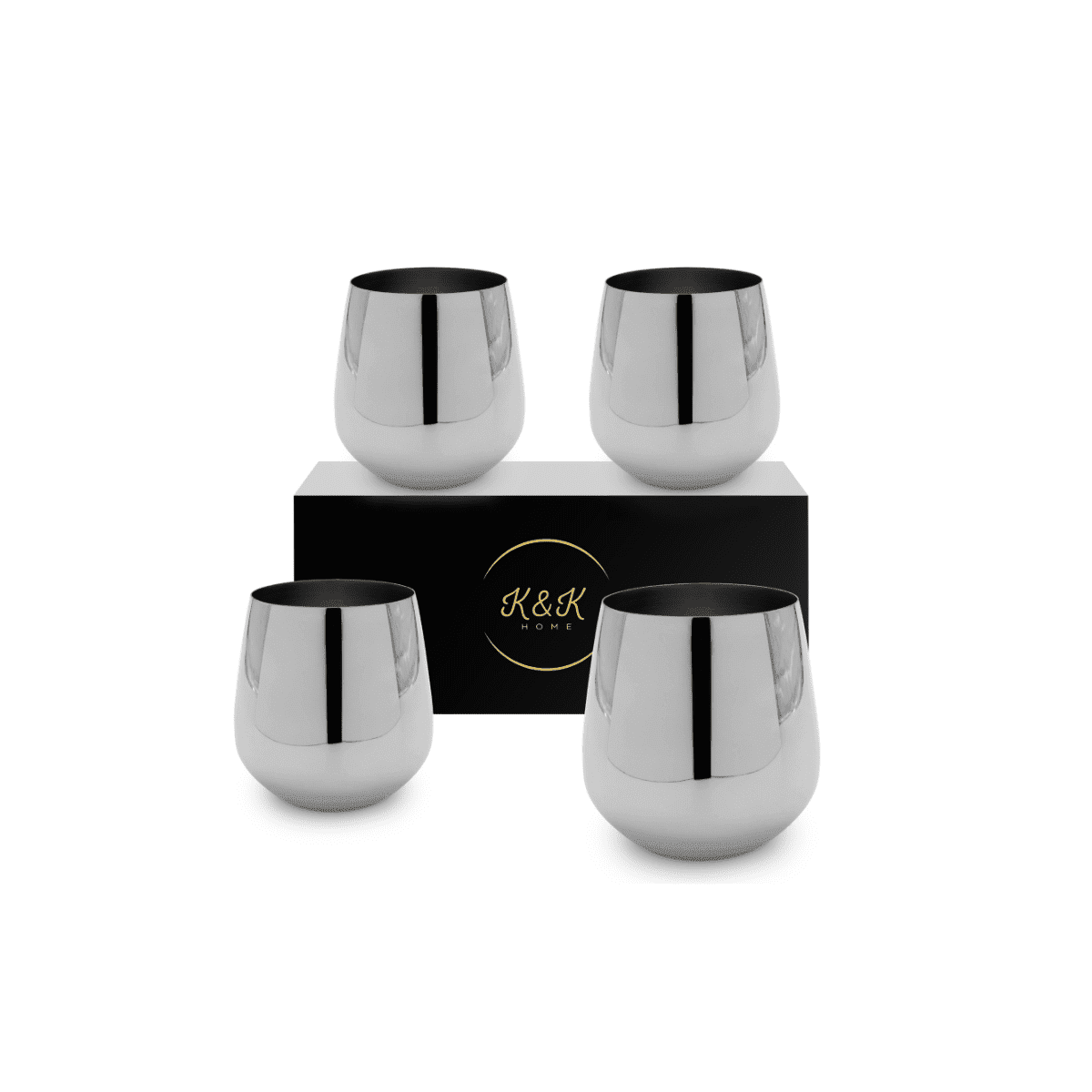 K&K Home Silver Stainless Steel Unbreakable Silver Stemless Wine Glasses - 15 oz - Set of 4 Colored, Stemless Metal Wine Glasses Perfect for Outdoors, Weddings, and Parties