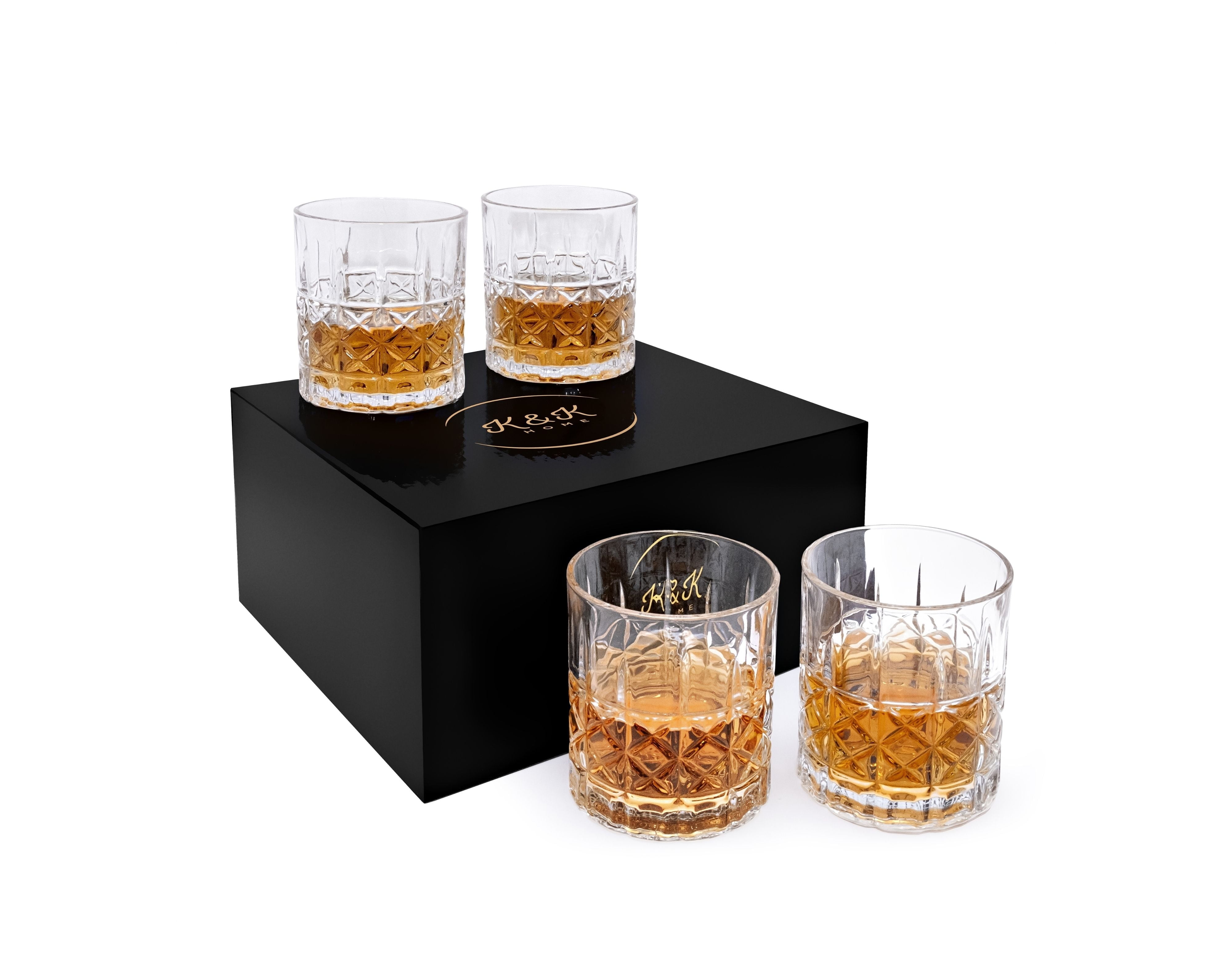 K&K Home Whiskey Glasses Set of 4 - 12 Oz Unique Diamond Pattern Glasses for Whiskey, Scotch, Bourbon, and Cocktails