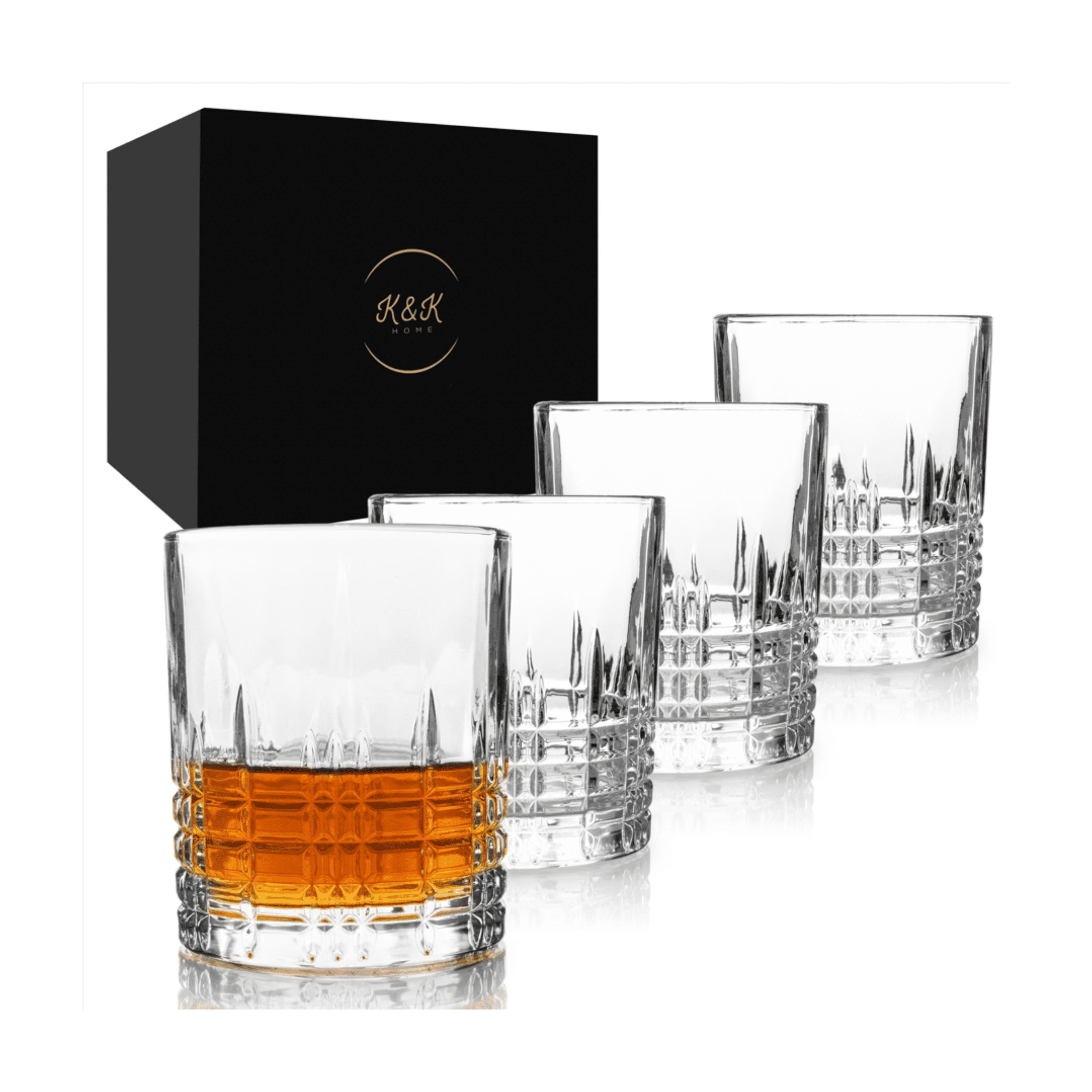 K&K Home Whiskey Glasses Set of 4 - 12 Oz Unique Diamond Pattern Glasses for Whiskey, Scotch, Bourbon, and Cocktails