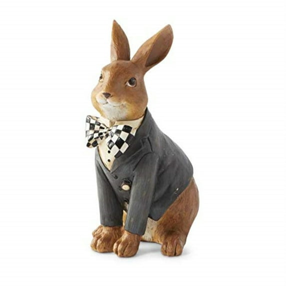 K&K Interiors 20337A 10 Inch Resin Sitting Bunny with Harlequin Bow Tie, Brown