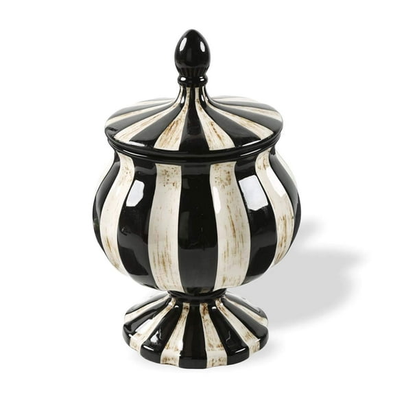K&K Interiors 40932B 15 Inch Black/White Striped Ceramic Jar W/Round Base and Lid