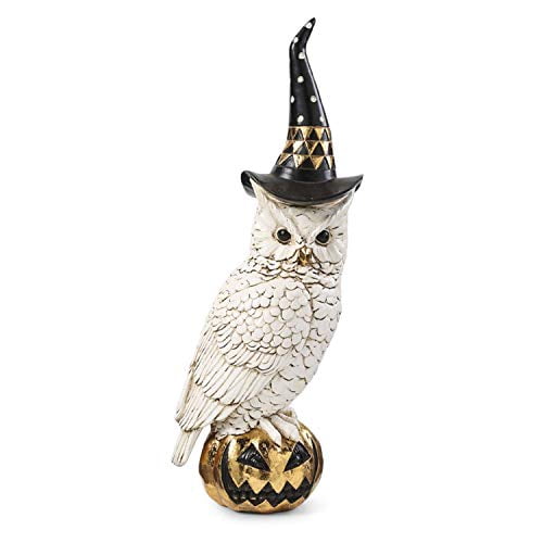 K&K Interiors 41099A 14 Inch Owl with Witch Hat On Gold Jack O Lantern, Black and White