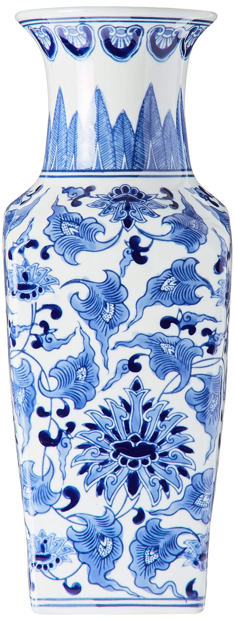 K&K Interiors Porcelain Blue and White Chinoiserie Square Vase - Thumbnail 2