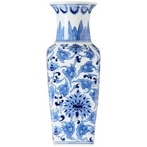 K&K Interiors Porcelain Blue and White Chinoiserie Square Vase, - 15299A