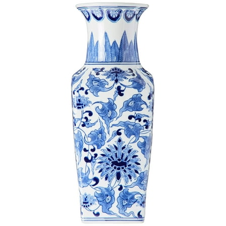 K&K Interiors Porcelain Blue and White Chinoiserie Square Vase, - 15299A