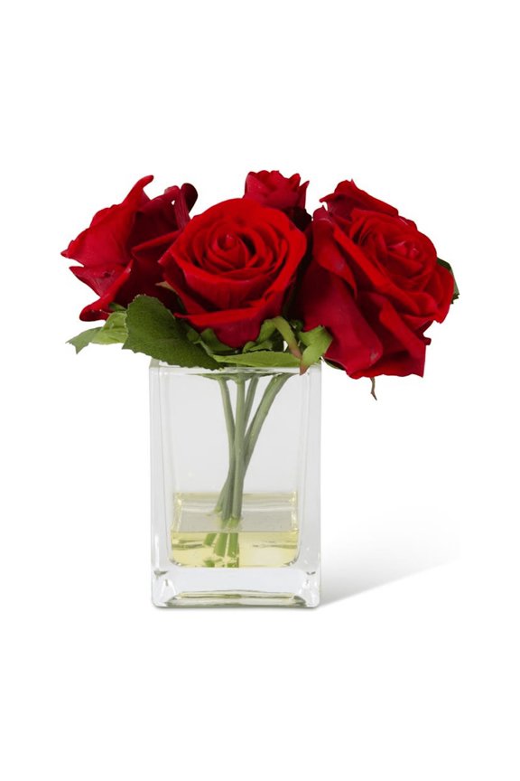 8" Real Touch Red Rose Flower Arrangement in Faux Water Glass Vase for Mother's Day