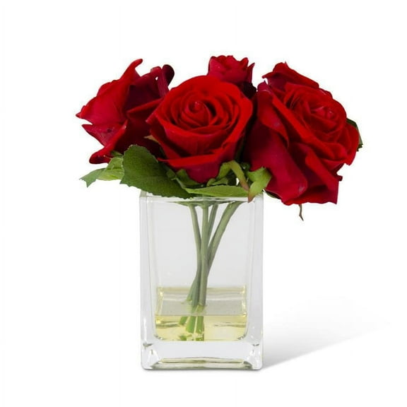 K&K Interiors 8" Real Touch Red Rose Flower Arrangement in Faux Water Glass Vase for Valentine's Day