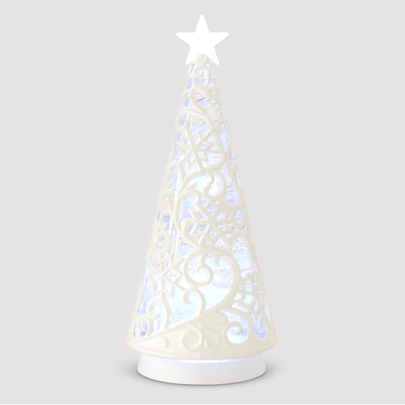 K&K Interiors White Cutout Acrylic Water Spinning LED Christmas Tree Figurine with Timer, 12 Inch, Holiday Decoration